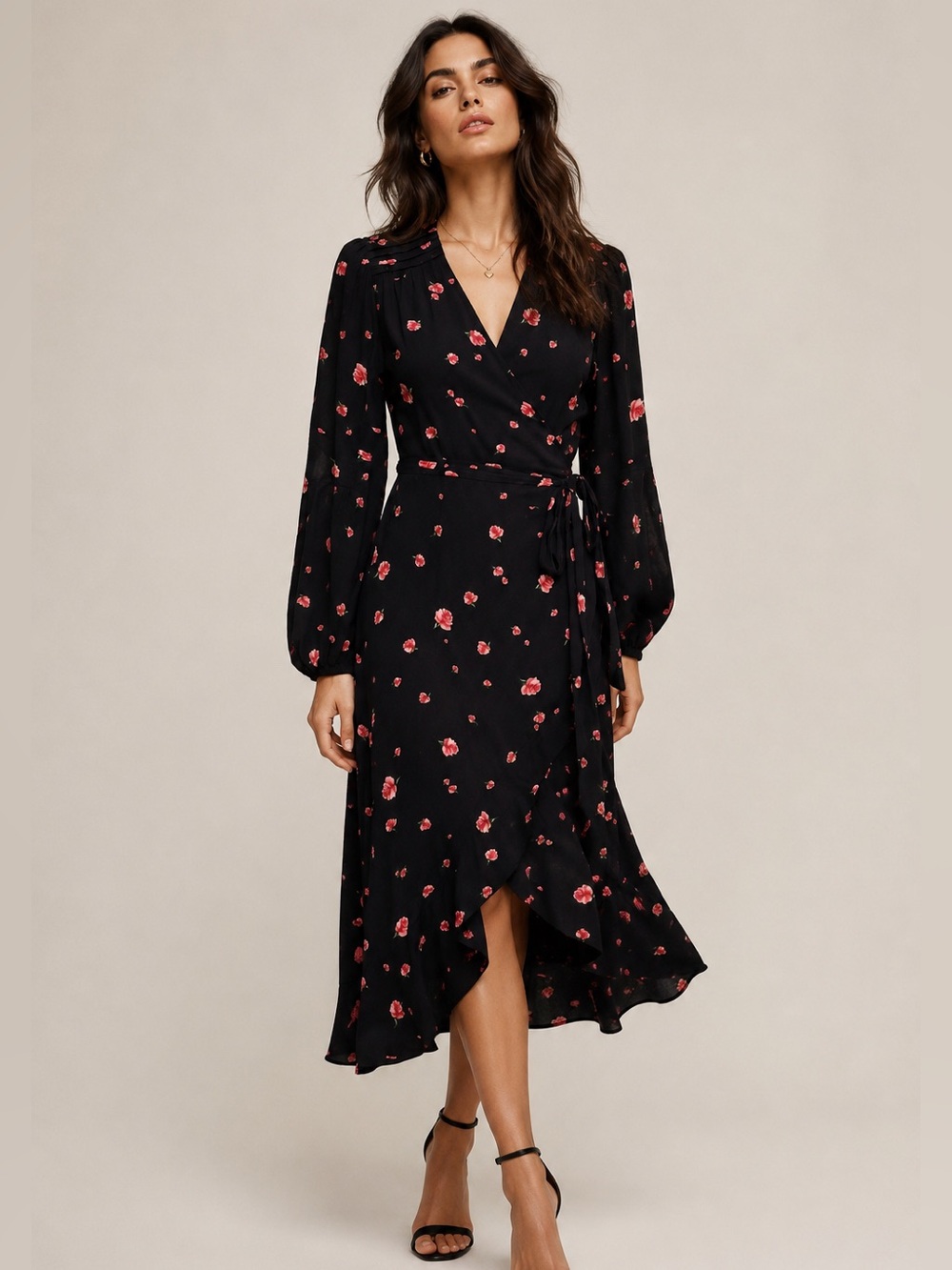 Greylin Black Pink Floral Wrap Dress Ruffle hem Women’s M